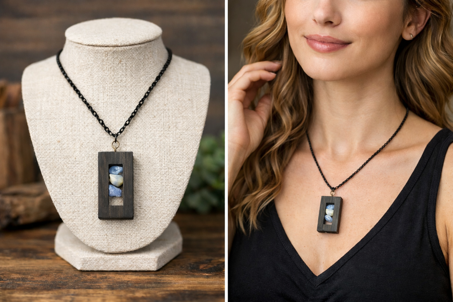 Ebony & Sodalite Window Pendant Handcrafted Wood & Gemstone Statement Necklace – Earthbound Echoes