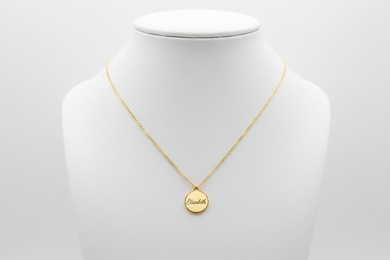 Personalized Engraved Round Pendant Necklace – Custom Name Disc in Gold, Silver or Rose Gold
