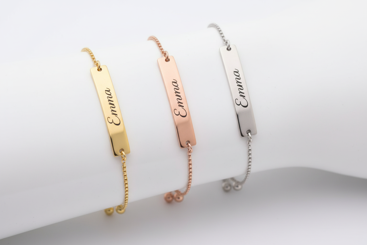 Personalized Engraved Bar Bracelet – Custom Name Slider Bracelet in Gold, Silver or Rose Gold