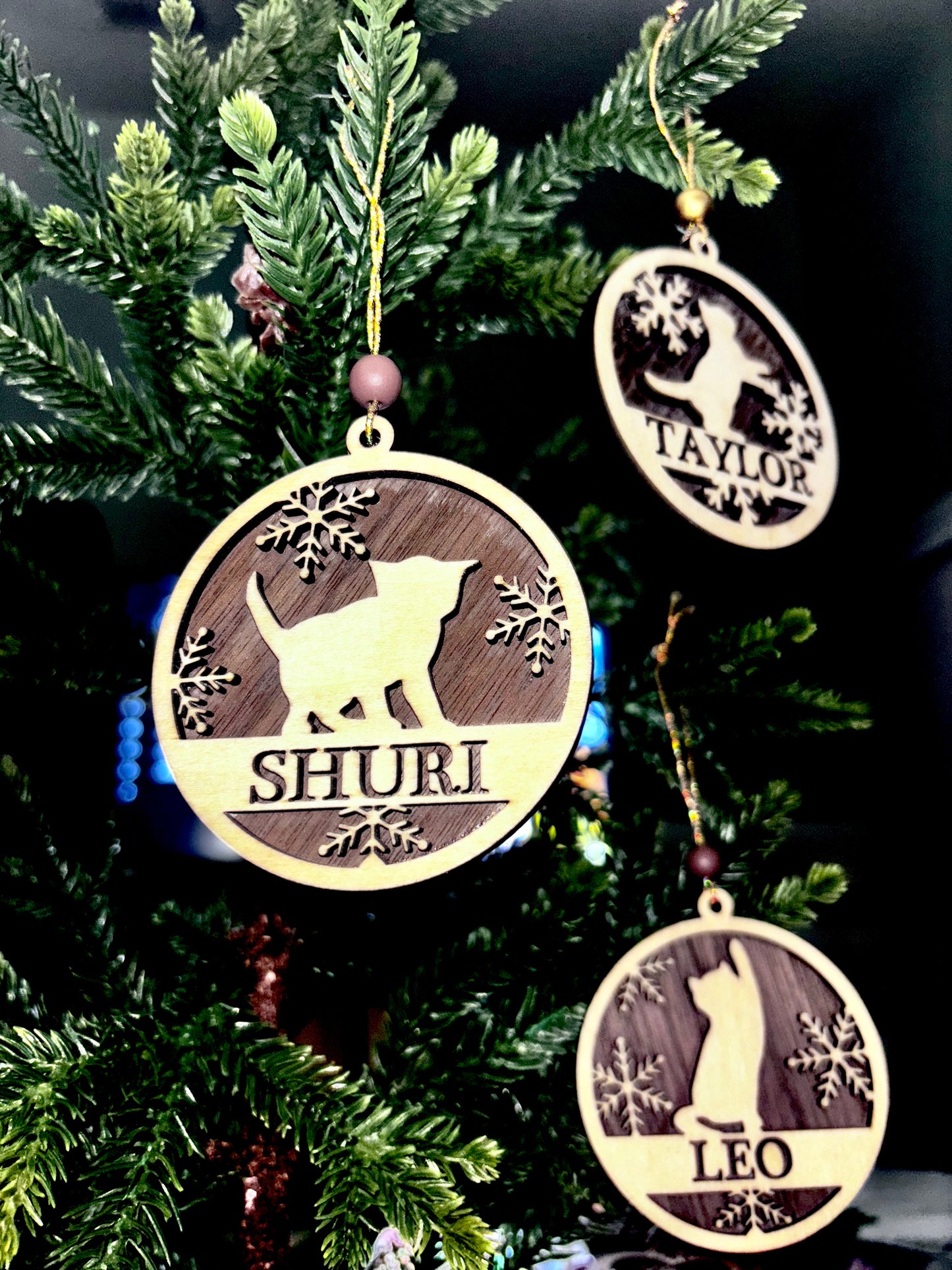 Personalized Cat Ornaments – Crafted from Walnut & Birch Wood