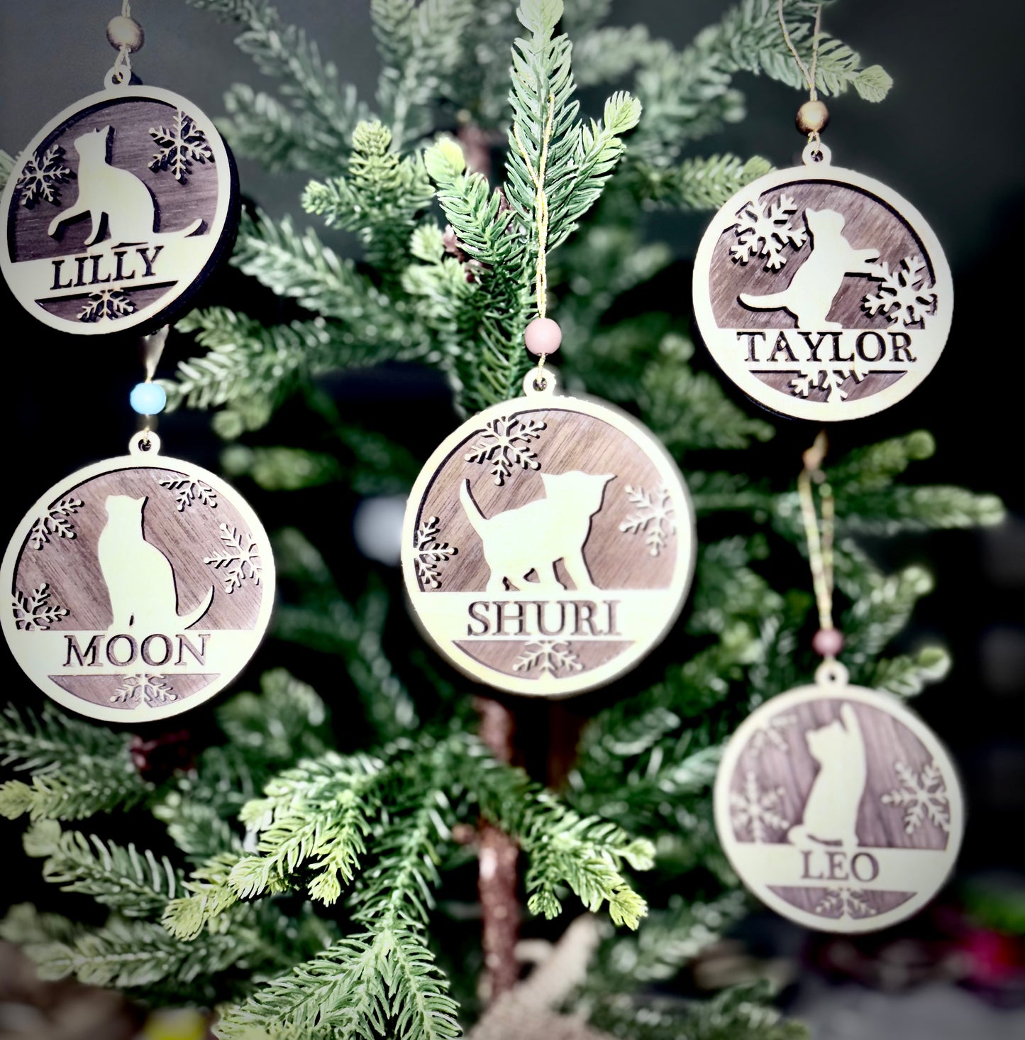 Personalized Cat Ornaments – Crafted from Walnut & Birch Wood