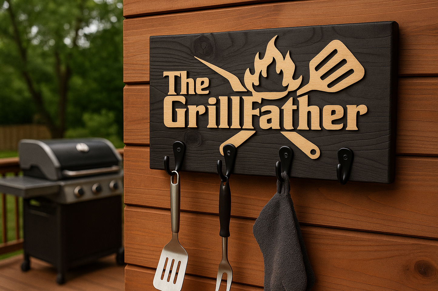 The Grillfather – 3D Wooden BBQ Wall Hanger with Hooks / Bottle Opener