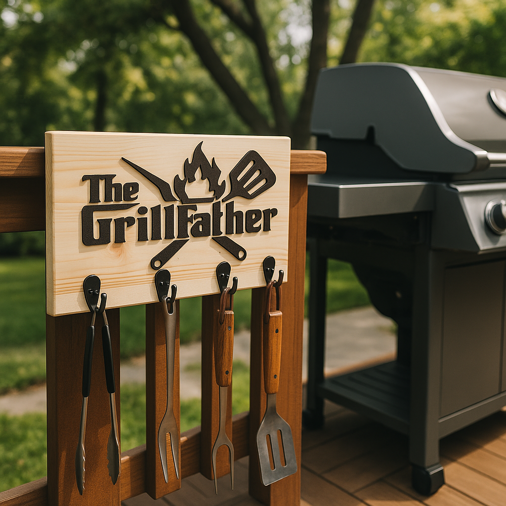 The Grillfather – 3D Wooden BBQ Wall Hanger with Hooks / Bottle Opener