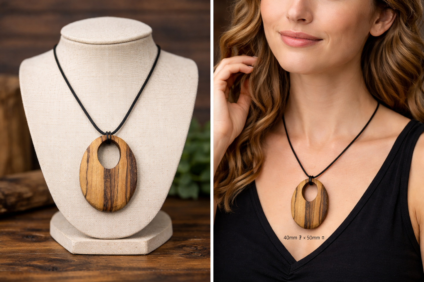 Handcrafted Zebrawood Oval Pendant Necklace – Artisan Wood Statement Jewelry – Earthbound Echoes