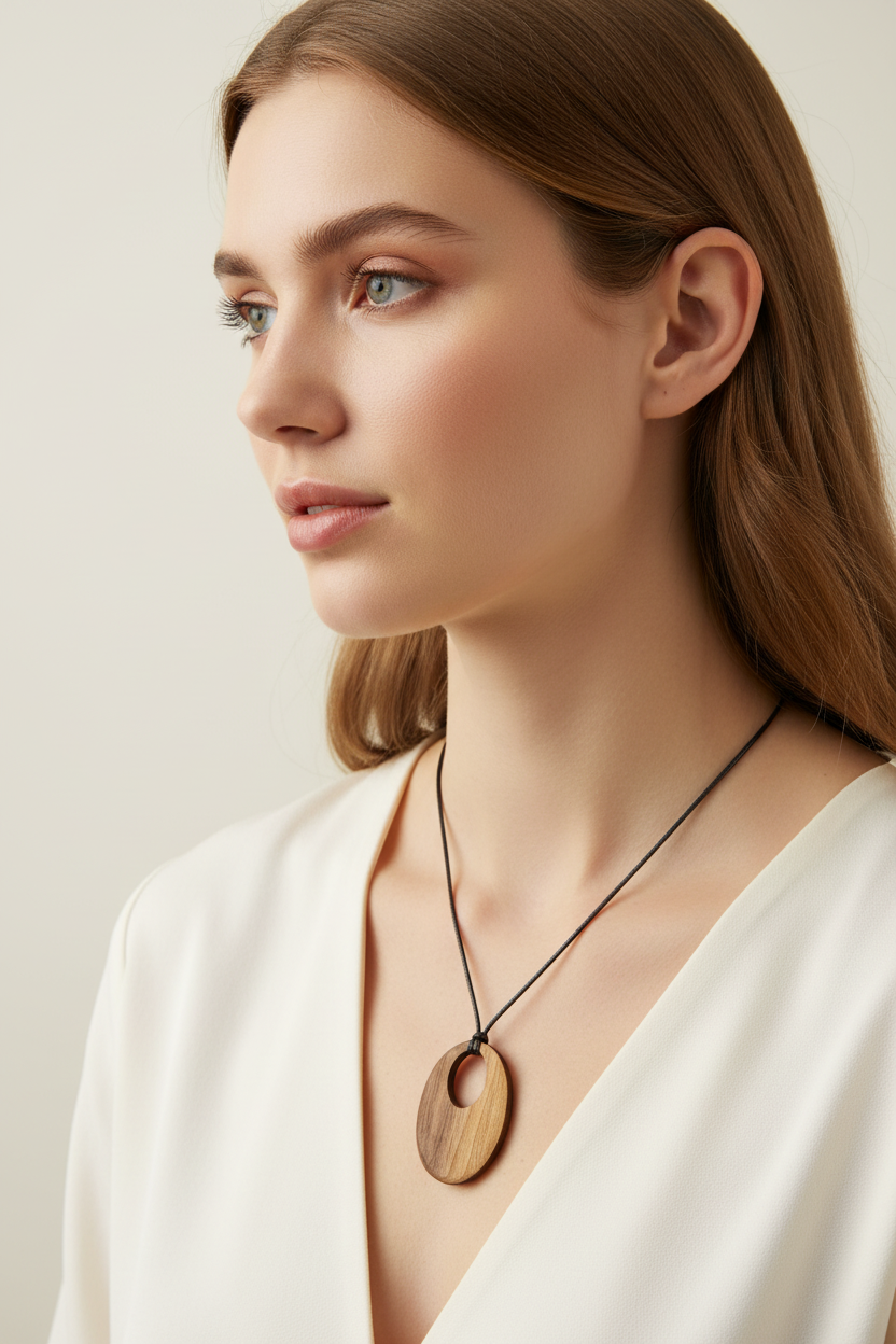 Handcrafted Walnut Oval Pendant Necklace – Artisan Wood Statement Jewelry – Earthbound Echoes