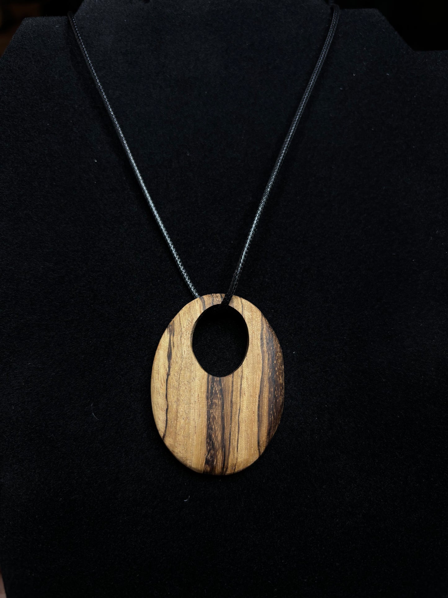 Handcrafted Zebrawood Oval Pendant Necklace – Artisan Wood Statement Jewelry – Earthbound Echoes