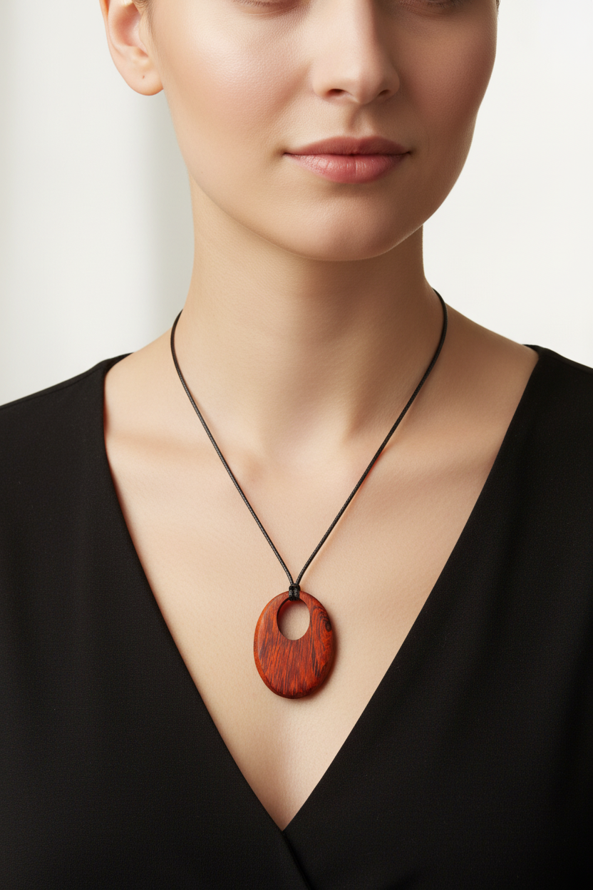 Handcrafted Padauk Oval Pendant Necklace – Artisan Wood Statement Jewelry – Earthbound Echoes