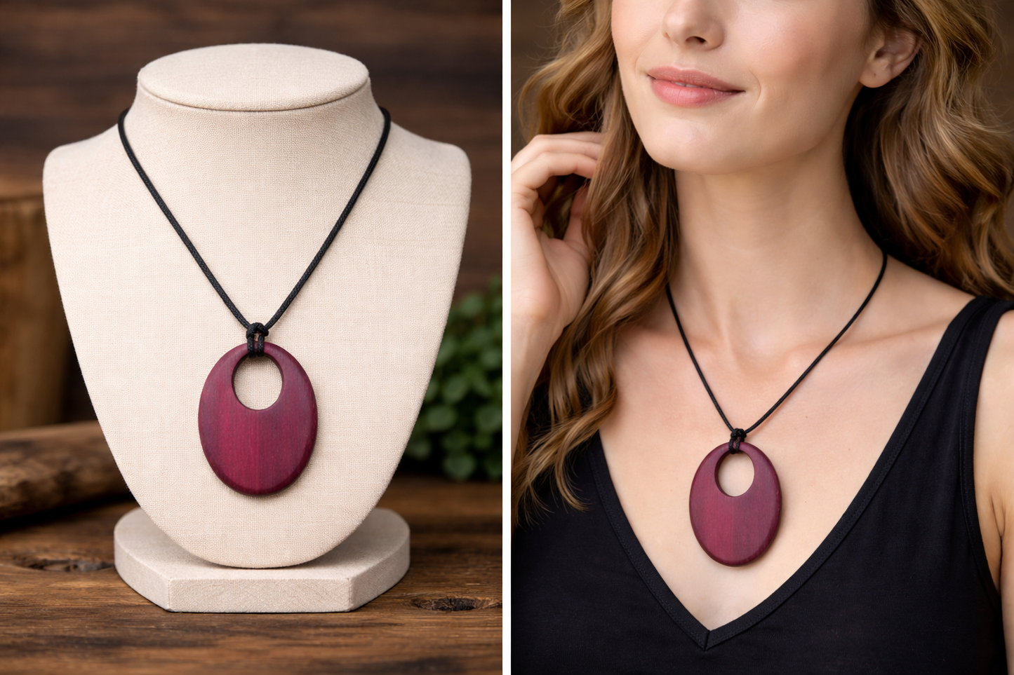 Handcrafted Purpleheart Oval Pendant Necklace – Artisan Wood Statement Jewelry – Earthbound Echoes